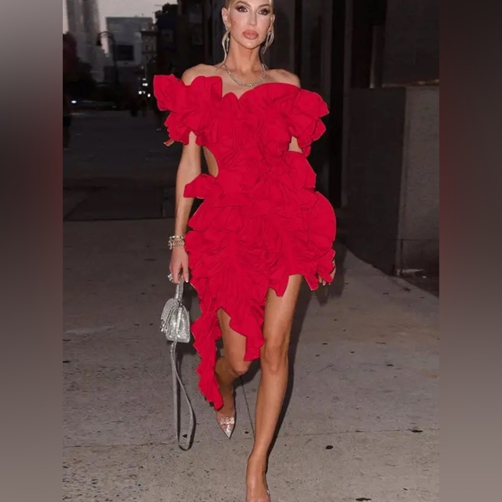 Elegant Ruffle Statement Mini Dress – Off-Shoulder Layered Halter Cocktail Dress - Picture 3 of 13